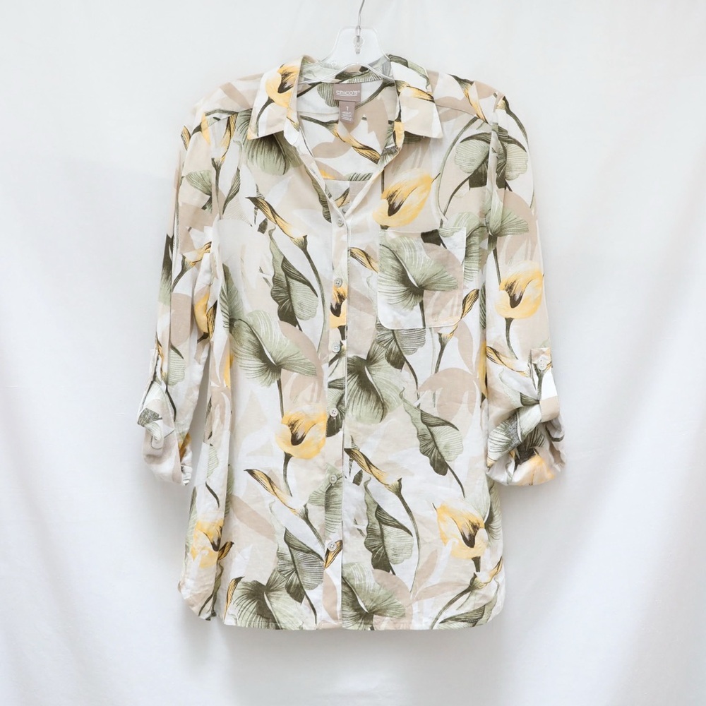 Chico's linen cotton floral print shirt coastal summer resortwear boho neutral 1